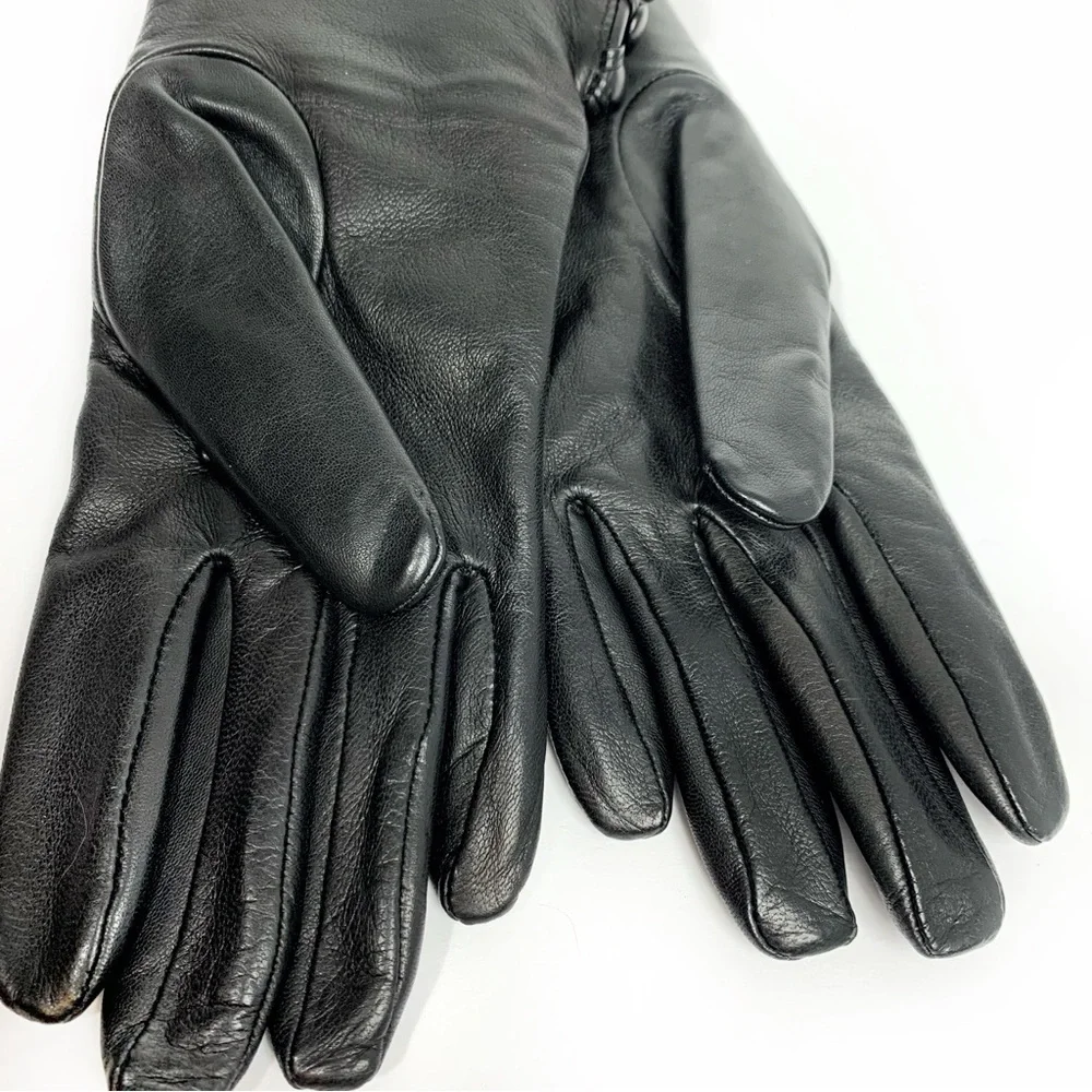 Sleek Black Authentic Leather Gloves With Real Off White Fur Lined Cuffs